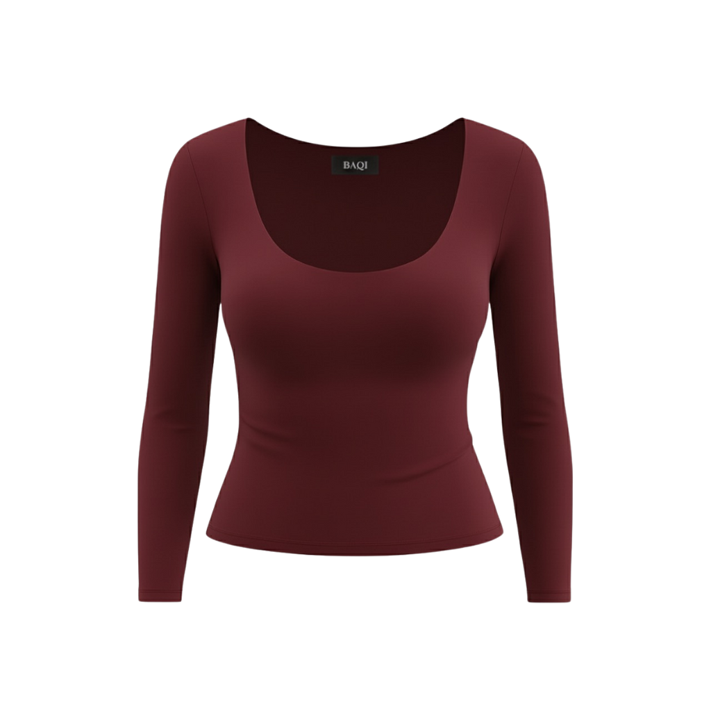 (Curves) BAQI SIGNATURE Dahlia Scoop Neckline Long Sleeves Double Lined Elevated Basic Top