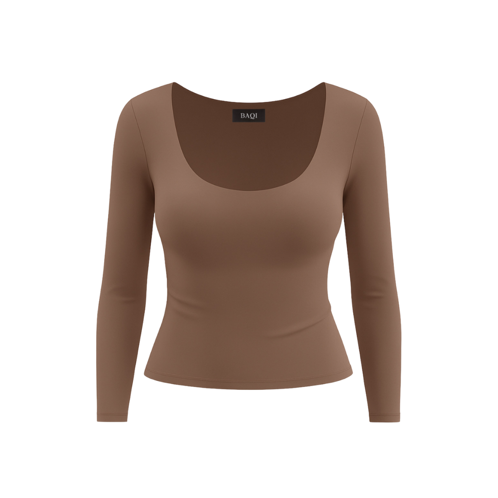 (Curves) BAQI SIGNATURE Dahlia Scoop Neckline Long Sleeves Double Lined Elevated Basic Top