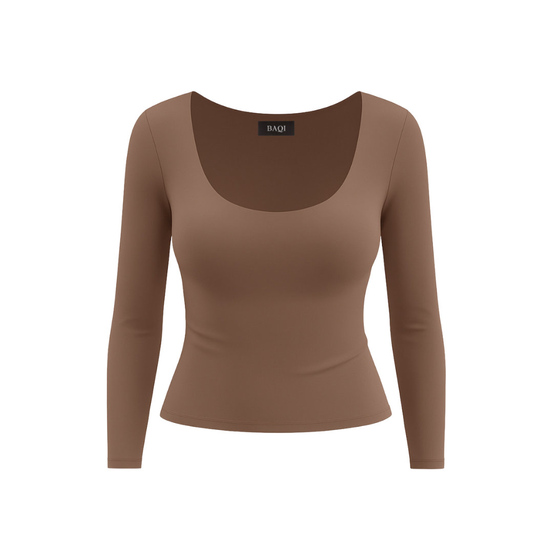 (Curves) BAQI SIGNATURE Dahlia Scoop Neckline Long Sleeves Double Lined Elevated Basic Top