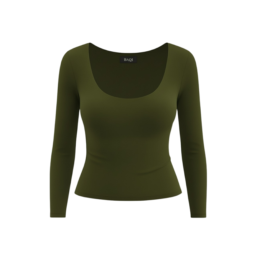 (Curves) BAQI SIGNATURE Dahlia Scoop Neckline Long Sleeves Double Lined Elevated Basic Top