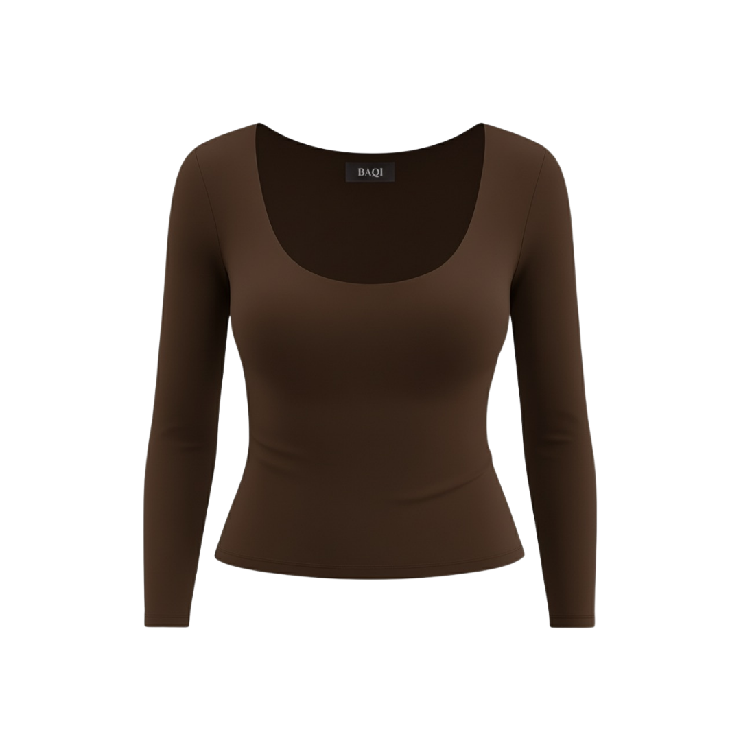 (Curves) BAQI SIGNATURE Dahlia Scoop Neckline Long Sleeves Double Lined Elevated Basic Top