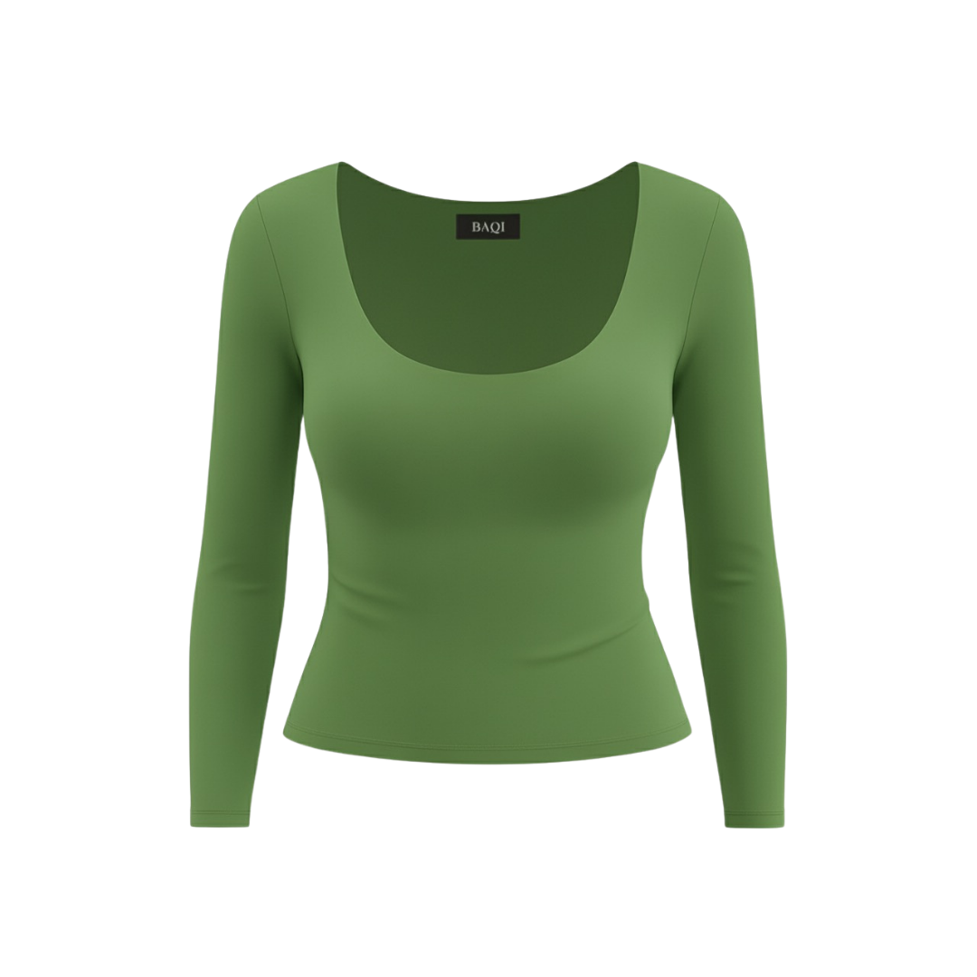 (Curves) BAQI SIGNATURE Dahlia Scoop Neckline Long Sleeves Double Lined Elevated Basic Top