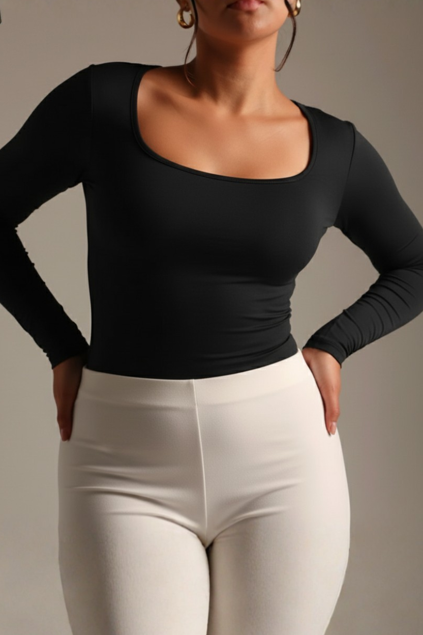 (Curves) BAQI SIGNATURE Dahlia Scoop Neckline Long Sleeves Double Lined Elevated Basic Top